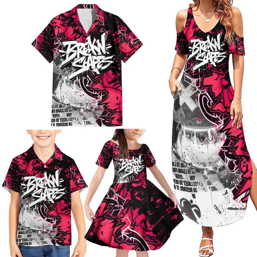 Hip Hop Graffiti Design Family Matching Summer Maxi Dress and Hawaiian Shirt Sitting Hooded Figure and Red Black Street Art Elements - Wonder Print Shop