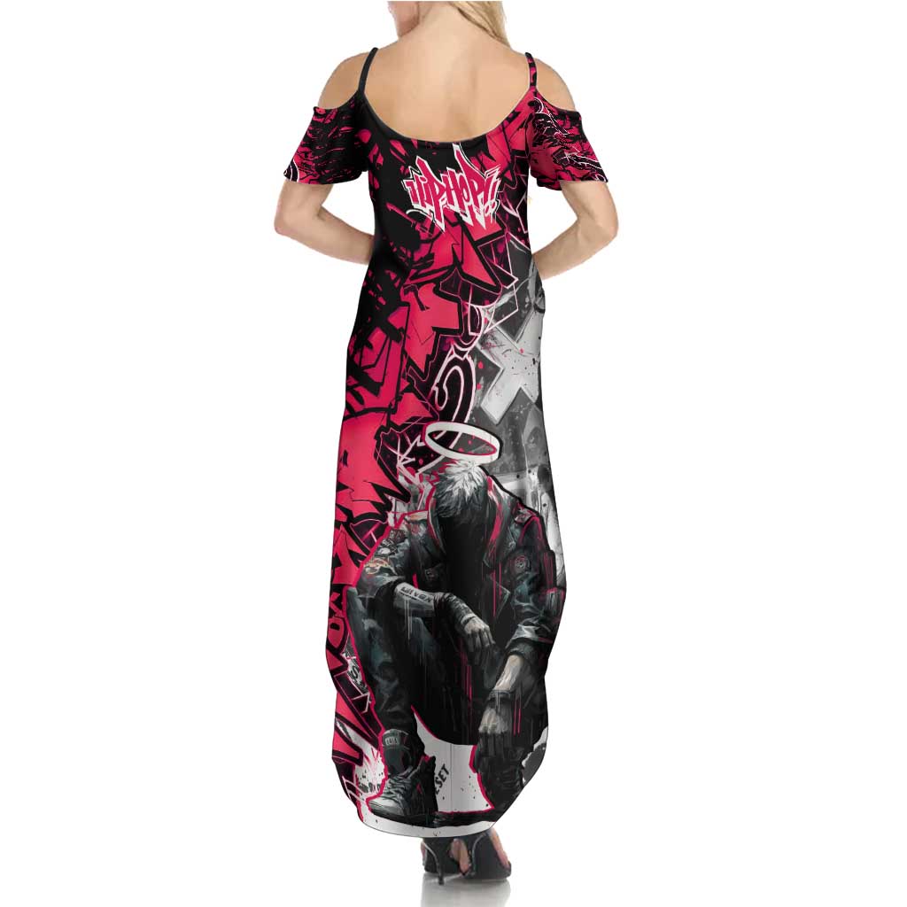 Hip Hop Graffiti Design Family Matching Summer Maxi Dress and Hawaiian Shirt Sitting Hooded Figure and Red Black Street Art Elements - Wonder Print Shop