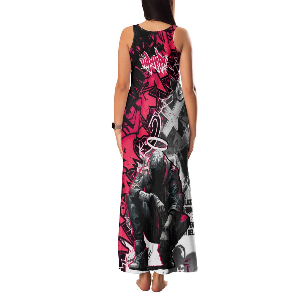 Hip Hop Graffiti Design Family Matching Tank Maxi Dress and Hawaiian Shirt Sitting Hooded Figure and Red Black Street Art Elements - Wonder Print Shop