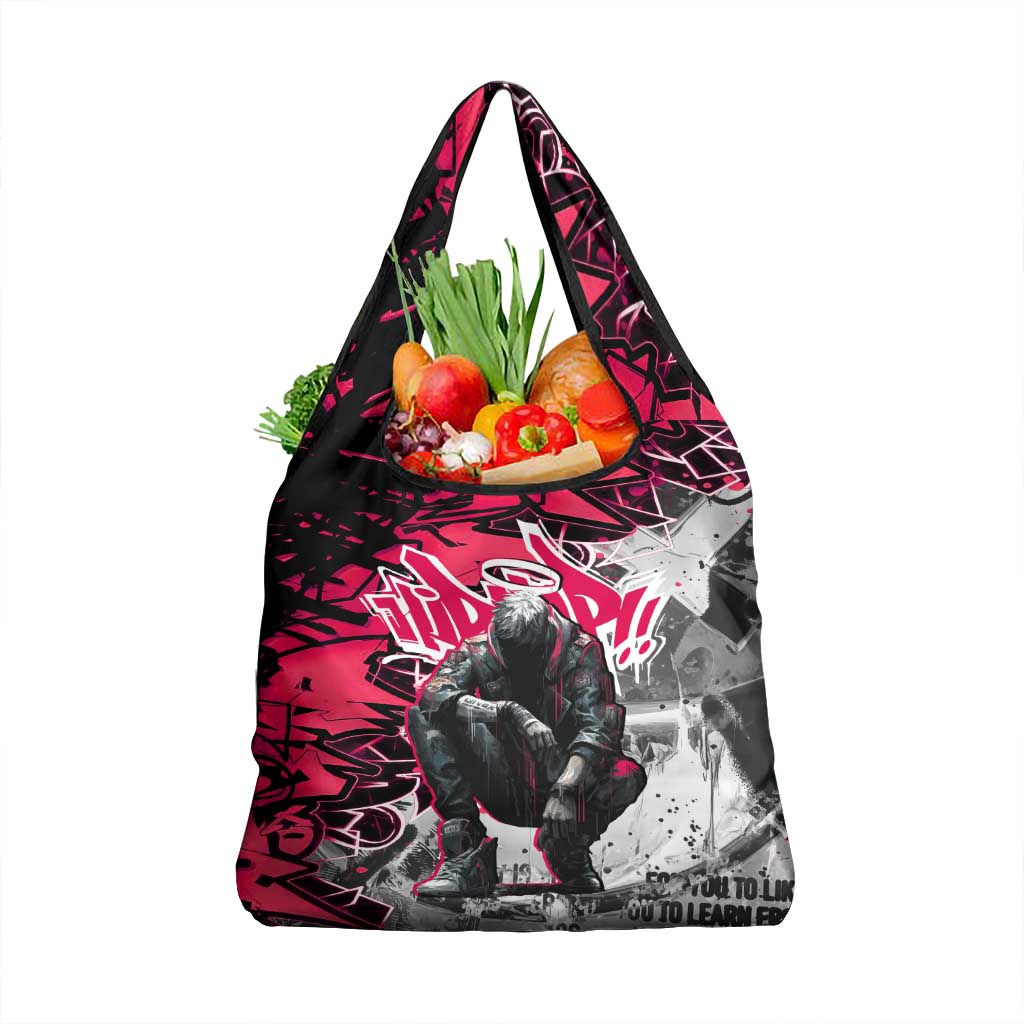 Hip Hop Graffiti Design Grocery Bag Sitting Hooded Figure and Red Black Street Art Elements - Wonder Print Shop