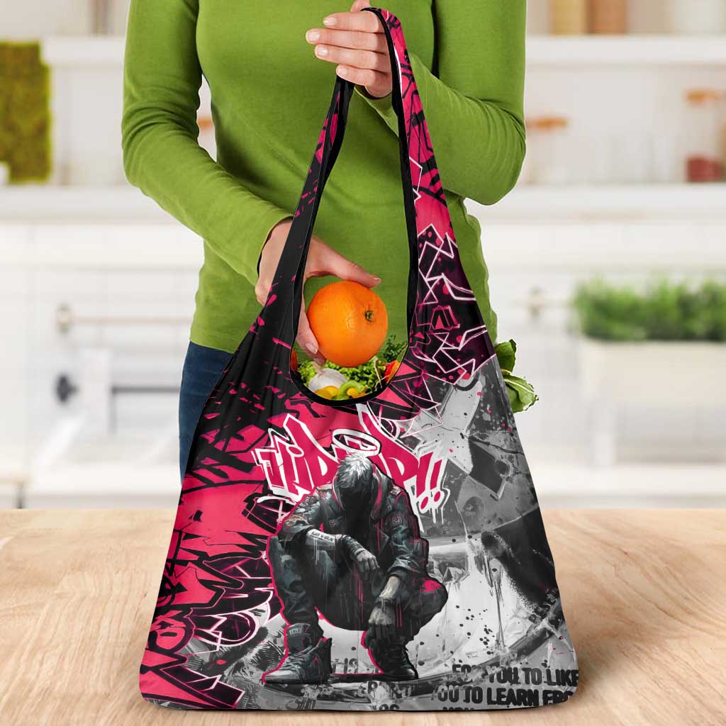 Hip Hop Graffiti Design Grocery Bag Sitting Hooded Figure and Red Black Street Art Elements - Wonder Print Shop