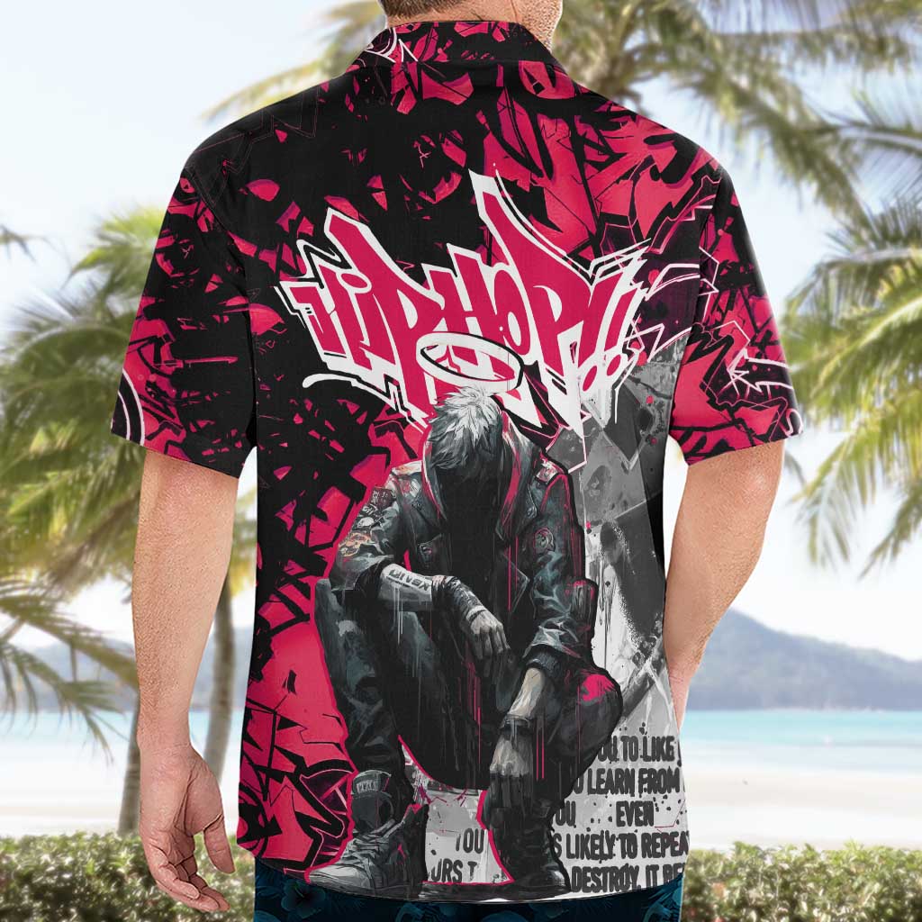 Hip Hop Graffiti Design Hawaiian Shirt Sitting Hooded Figure and Red Black Street Art Elements - Wonder Print Shop