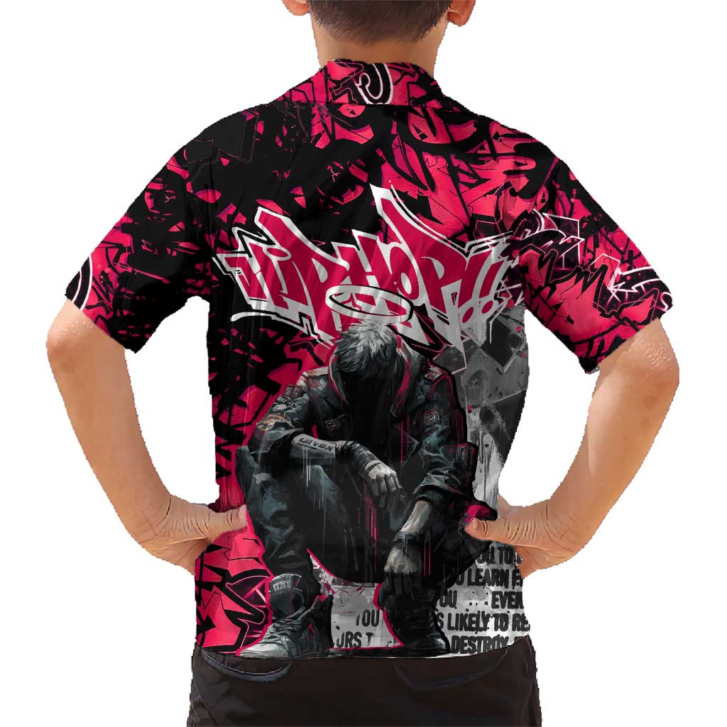 Hip Hop Graffiti Design Kid Hawaiian Shirt Sitting Hooded Figure and Red Black Street Art Elements - Wonder Print Shop