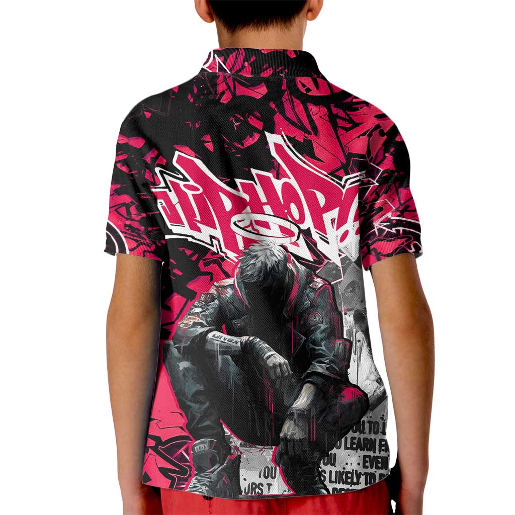 Hip Hop Graffiti Design Kid Polo Shirt Sitting Hooded Figure and Red Black Street Art Elements - Wonder Print Shop