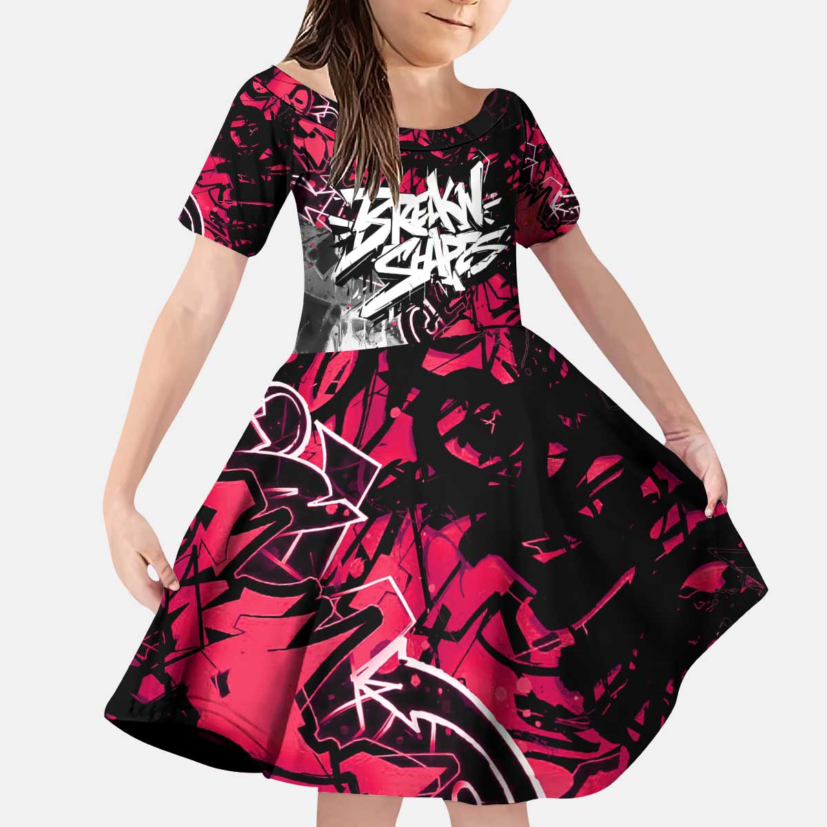 Hip Hop Graffiti Design Kid Short Sleeve Dress Sitting Hooded Figure and Red Black Street Art Elements - Wonder Print Shop