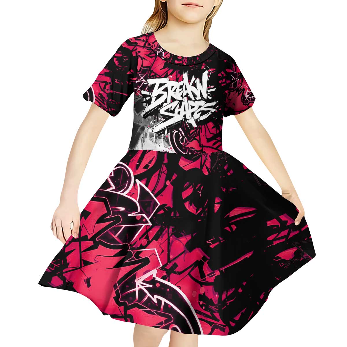 Hip Hop Graffiti Design Kid Short Sleeve Dress Sitting Hooded Figure and Red Black Street Art Elements - Wonder Print Shop