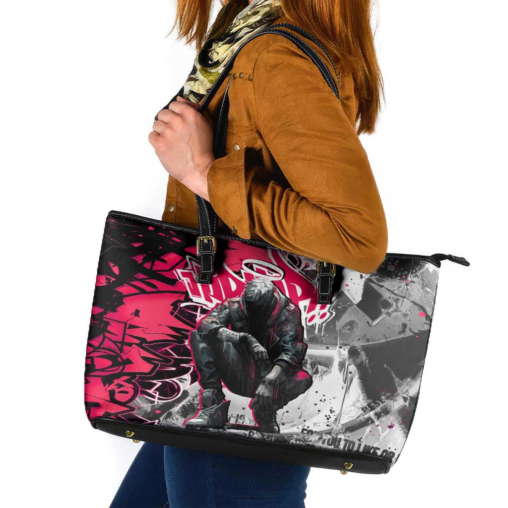 Hip Hop Graffiti Design Leather Tote Bag Sitting Hooded Figure and Red Black Street Art Elements - Wonder Print Shop