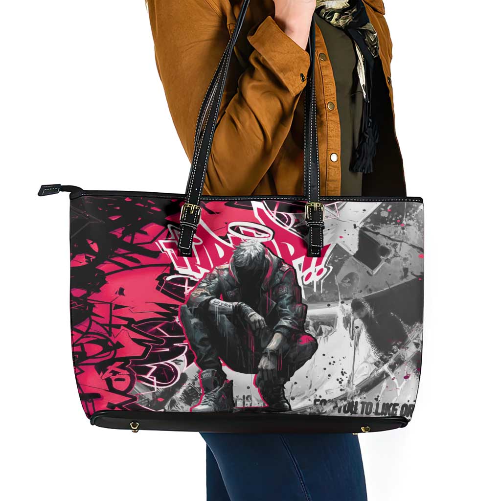 Hip Hop Graffiti Design Leather Tote Bag Sitting Hooded Figure and Red Black Street Art Elements - Wonder Print Shop