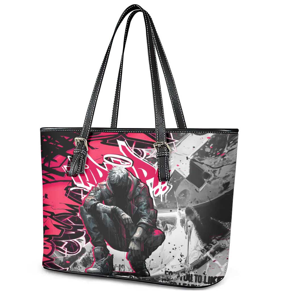 Hip Hop Graffiti Design Leather Tote Bag Sitting Hooded Figure and Red Black Street Art Elements - Wonder Print Shop