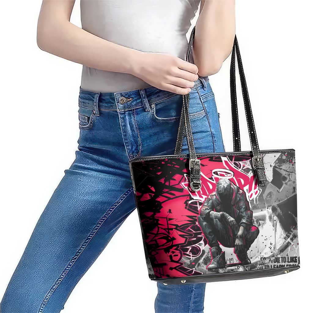 Hip Hop Graffiti Design Leather Tote Bag Sitting Hooded Figure and Red Black Street Art Elements - Wonder Print Shop