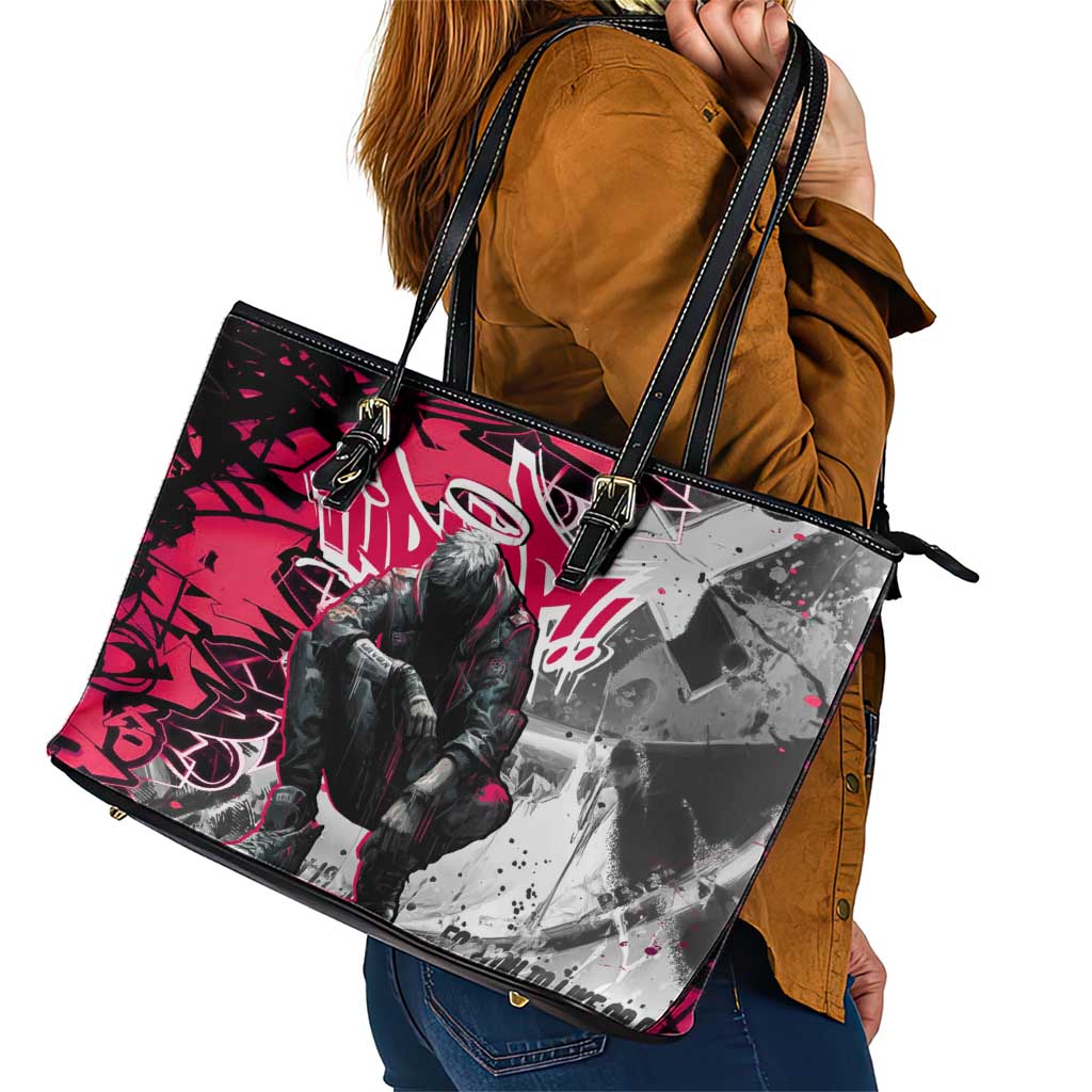 Hip Hop Graffiti Design Leather Tote Bag Sitting Hooded Figure and Red Black Street Art Elements - Wonder Print Shop