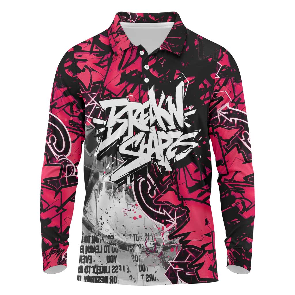 Hip Hop Graffiti Design Long Sleeve Polo Shirt Sitting Hooded Figure and Red Black Street Art Elements - Wonder Print Shop