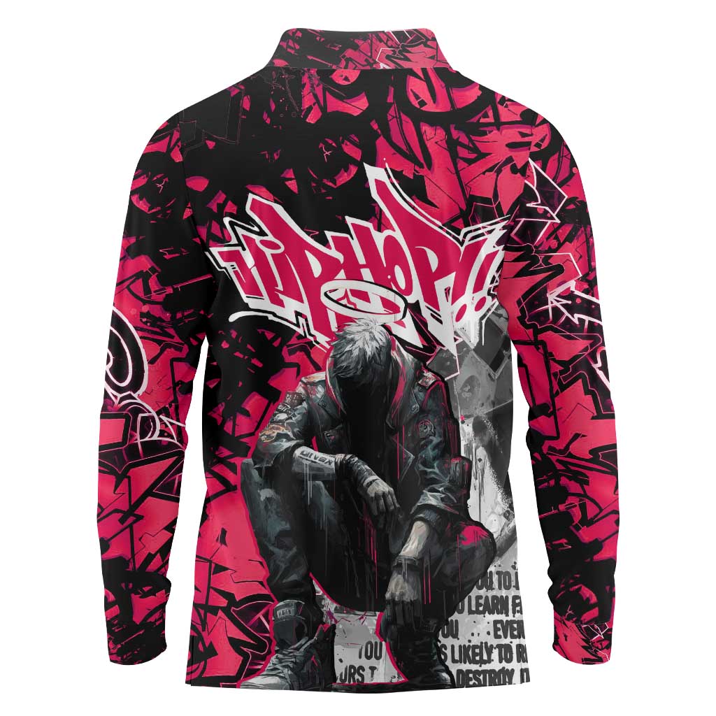 Hip Hop Graffiti Design Long Sleeve Polo Shirt Sitting Hooded Figure and Red Black Street Art Elements - Wonder Print Shop