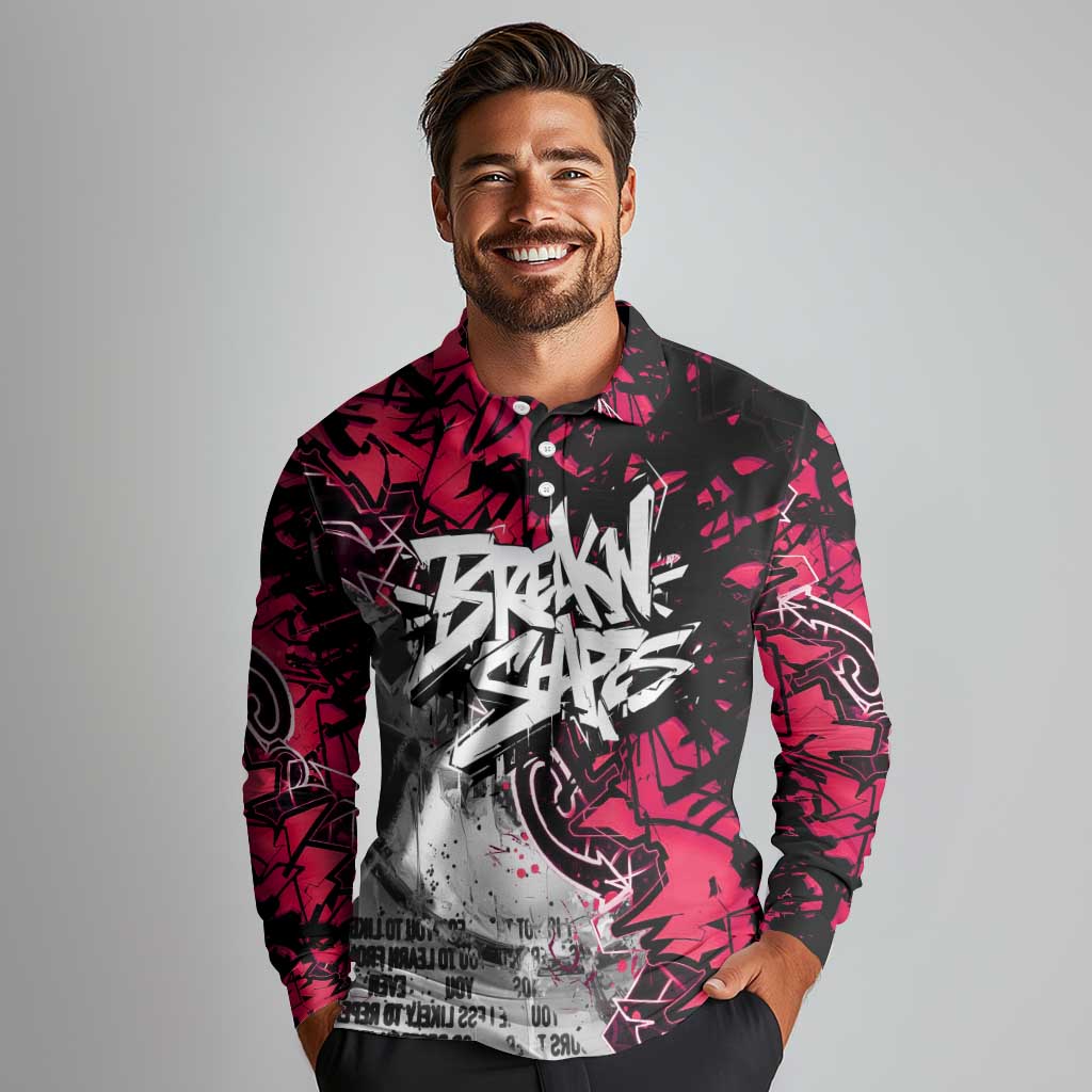 Hip Hop Graffiti Design Long Sleeve Polo Shirt Sitting Hooded Figure and Red Black Street Art Elements - Wonder Print Shop