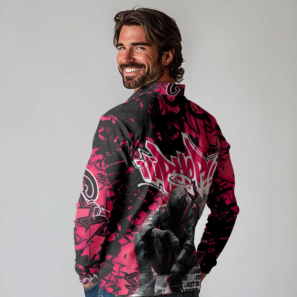 Hip Hop Graffiti Design Long Sleeve Polo Shirt Sitting Hooded Figure and Red Black Street Art Elements - Wonder Print Shop