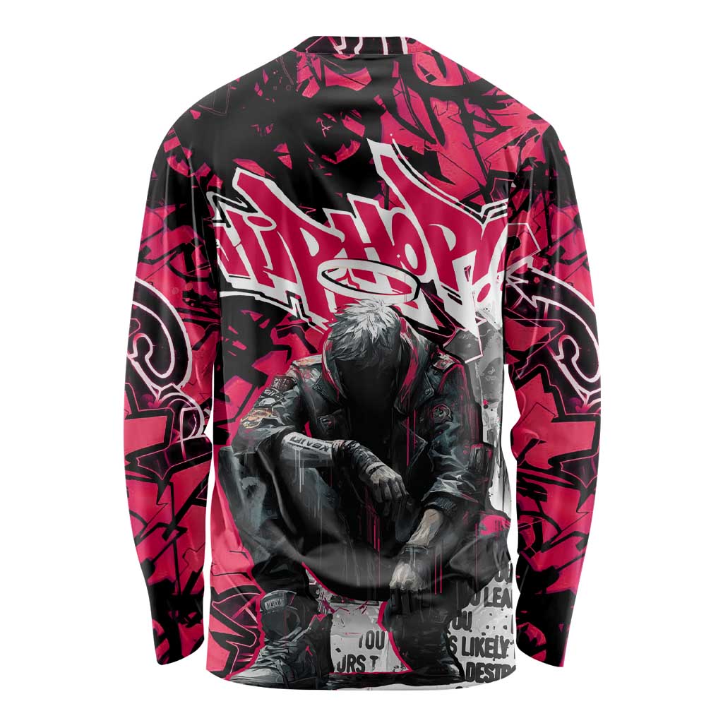 Hip Hop Graffiti Design Long Sleeve Shirt Sitting Hooded Figure and Red Black Street Art Elements - Wonder Print Shop