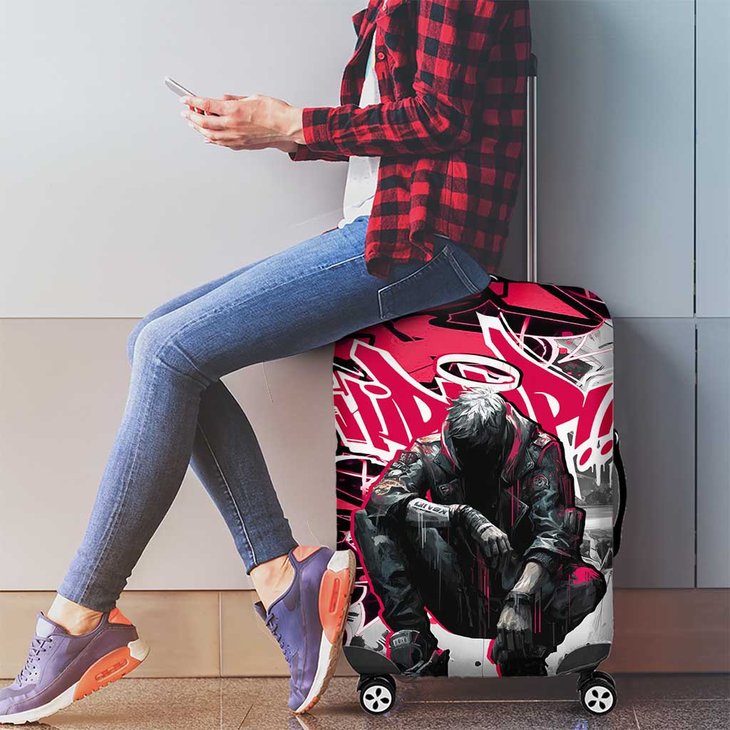 Hip Hop Graffiti Design Luggage Cover Sitting Hooded Figure and Red Black Street Art Elements - Wonder Print Shop