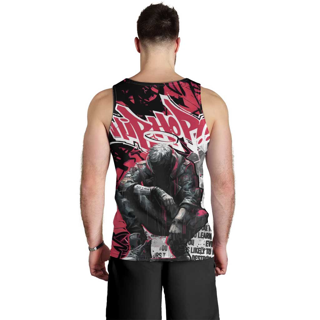 Hip Hop Graffiti Design Men Tank Top Sitting Hooded Figure and Red Black Street Art Elements - Wonder Print Shop