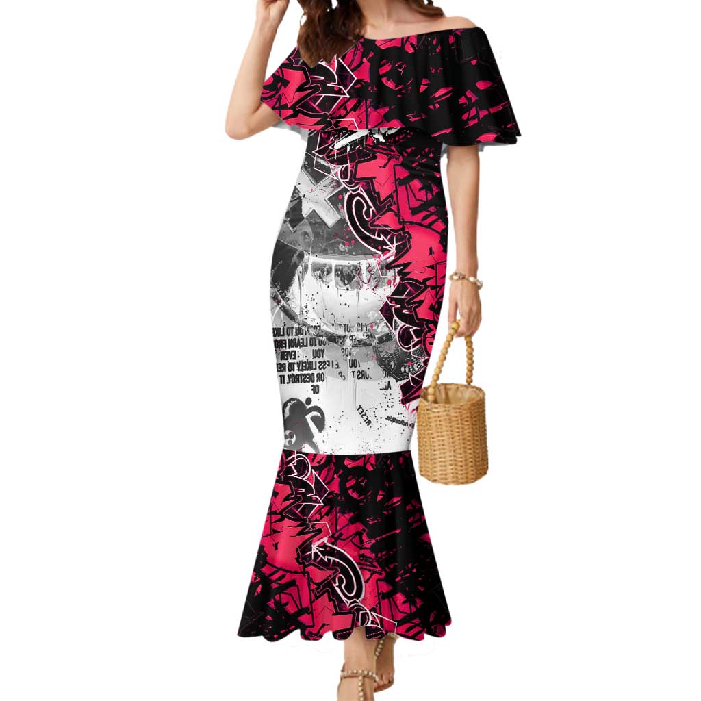 Hip Hop Graffiti Design Mermaid Dress Sitting Hooded Figure and Red Black Street Art Elements - Wonder Print Shop