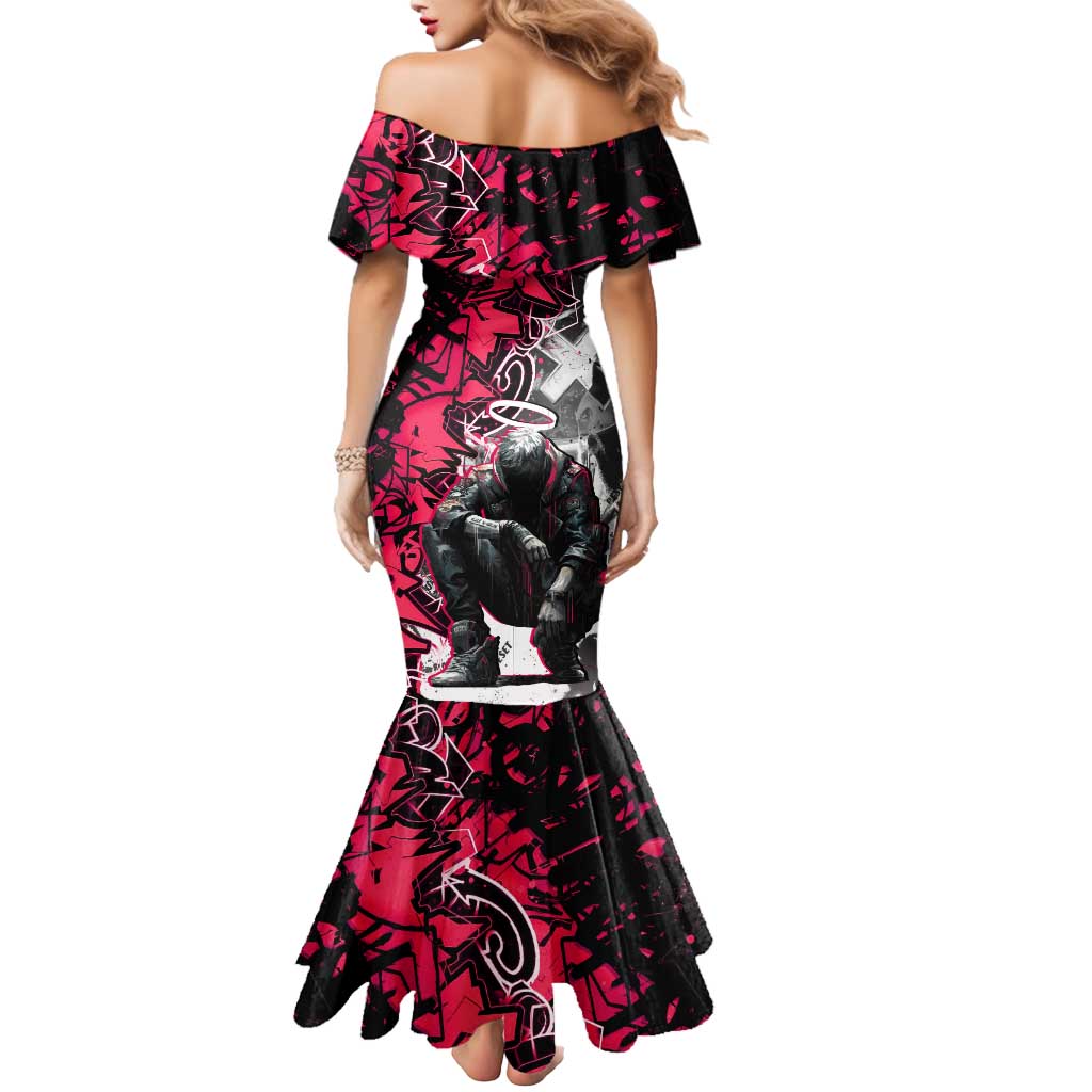 Hip Hop Graffiti Design Mermaid Dress Sitting Hooded Figure and Red Black Street Art Elements - Wonder Print Shop