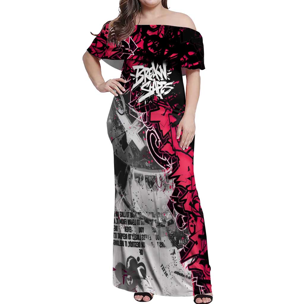 Hip Hop Graffiti Design Off Shoulder Maxi Dress Sitting Hooded Figure and Red Black Street Art Elements - Wonder Print Shop