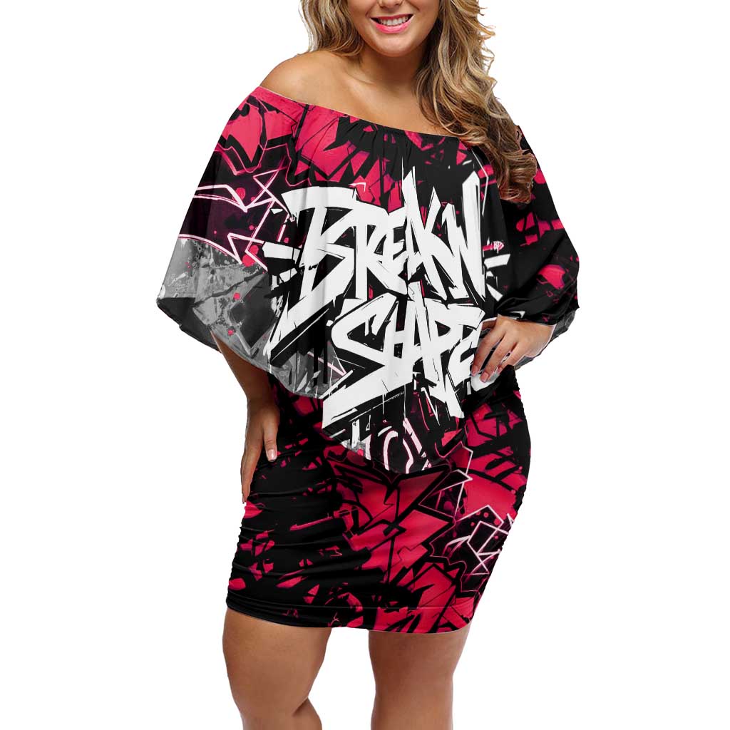 Hip Hop Graffiti Design Off Shoulder Short Dress Sitting Hooded Figure and Red Black Street Art Elements - Wonder Print Shop