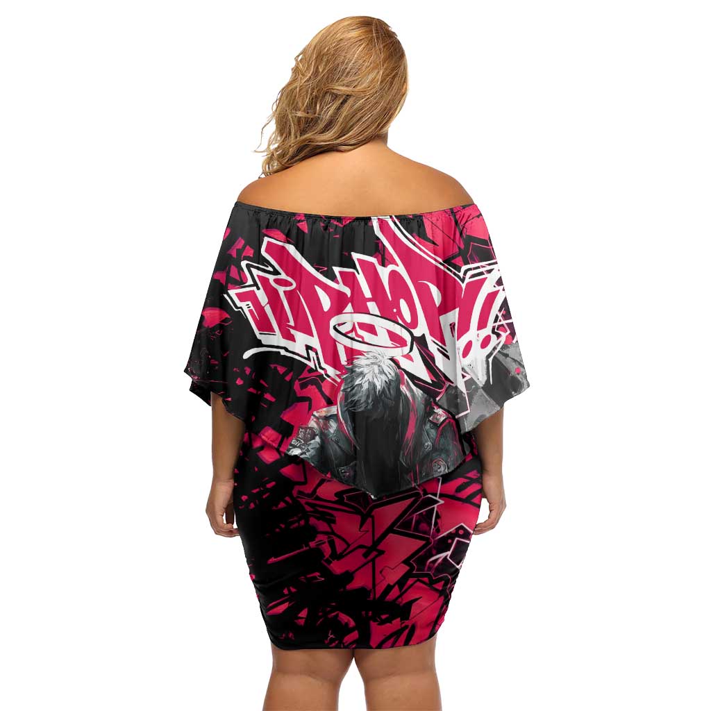 Hip Hop Graffiti Design Off Shoulder Short Dress Sitting Hooded Figure and Red Black Street Art Elements - Wonder Print Shop