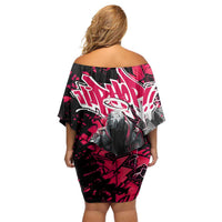 Hip Hop Graffiti Design Off Shoulder Short Dress Sitting Hooded Figure and Red Black Street Art Elements - Wonder Print Shop