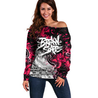 Hip Hop Graffiti Design Off Shoulder Sweater Sitting Hooded Figure and Red Black Street Art Elements - Wonder Print Shop