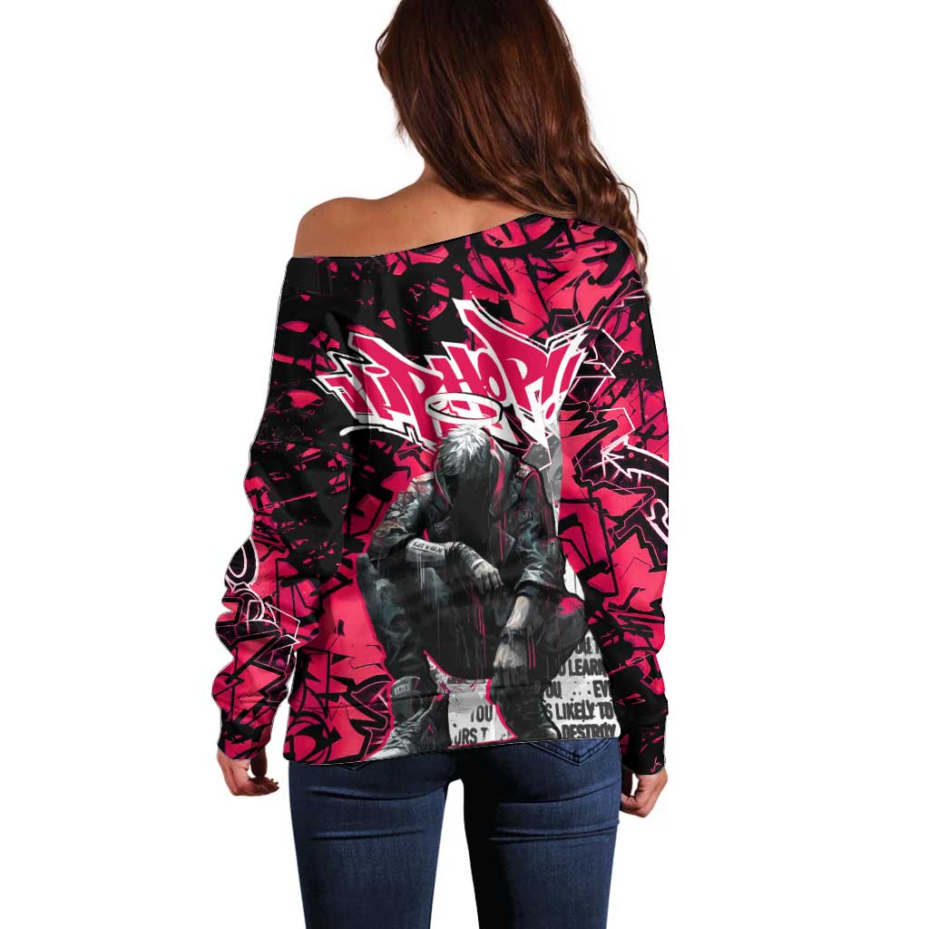 Hip Hop Graffiti Design Off Shoulder Sweater Sitting Hooded Figure and Red Black Street Art Elements - Wonder Print Shop