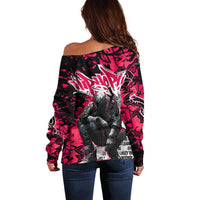 Hip Hop Graffiti Design Off Shoulder Sweater Sitting Hooded Figure and Red Black Street Art Elements - Wonder Print Shop