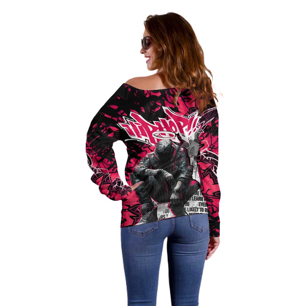 Hip Hop Graffiti Design Off Shoulder Sweater Sitting Hooded Figure and Red Black Street Art Elements - Wonder Print Shop