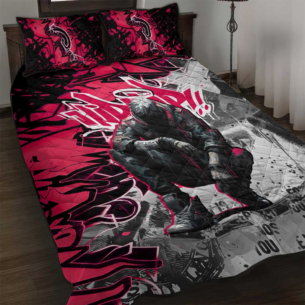 Hip Hop Graffiti Design Quilt Bed Set Sitting Hooded Figure and Red Black Street Art Elements - Wonder Print Shop