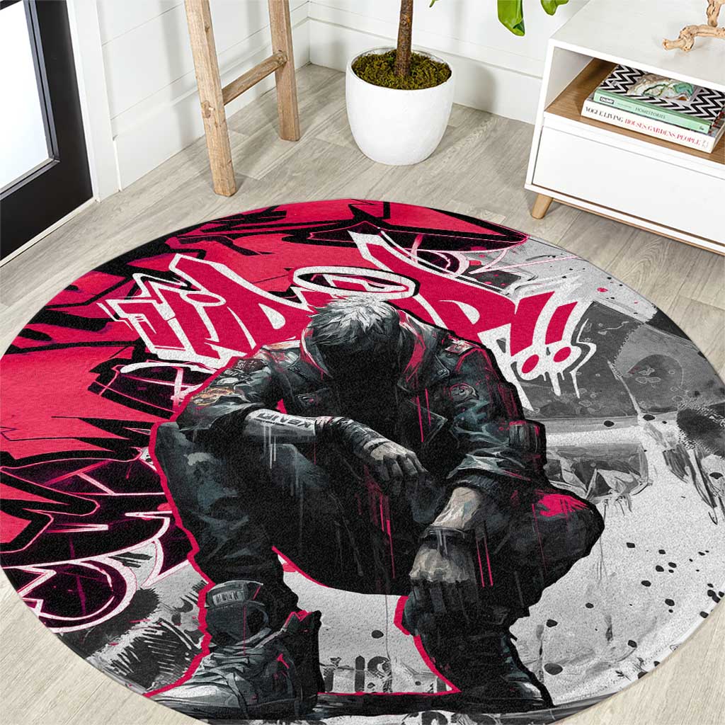 Hip Hop Graffiti Design Round Carpet Sitting Hooded Figure and Red Black Street Art Elements - Wonder Print Shop