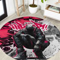 Hip Hop Graffiti Design Round Carpet Sitting Hooded Figure and Red Black Street Art Elements - Wonder Print Shop