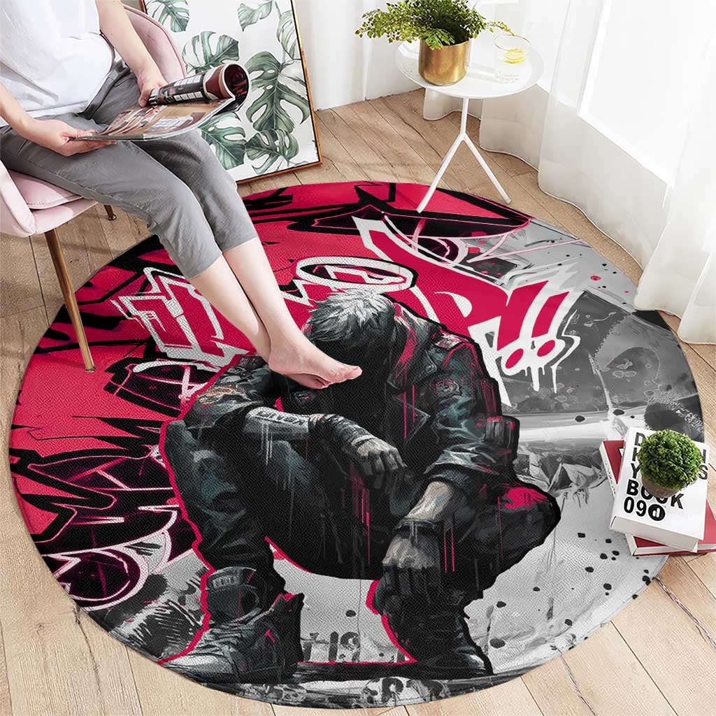 Hip Hop Graffiti Design Round Carpet Sitting Hooded Figure and Red Black Street Art Elements - Wonder Print Shop