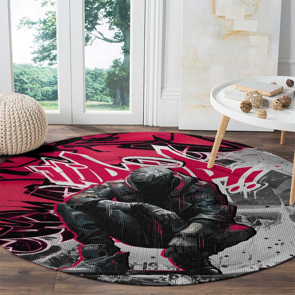 Hip Hop Graffiti Design Round Carpet Sitting Hooded Figure and Red Black Street Art Elements - Wonder Print Shop