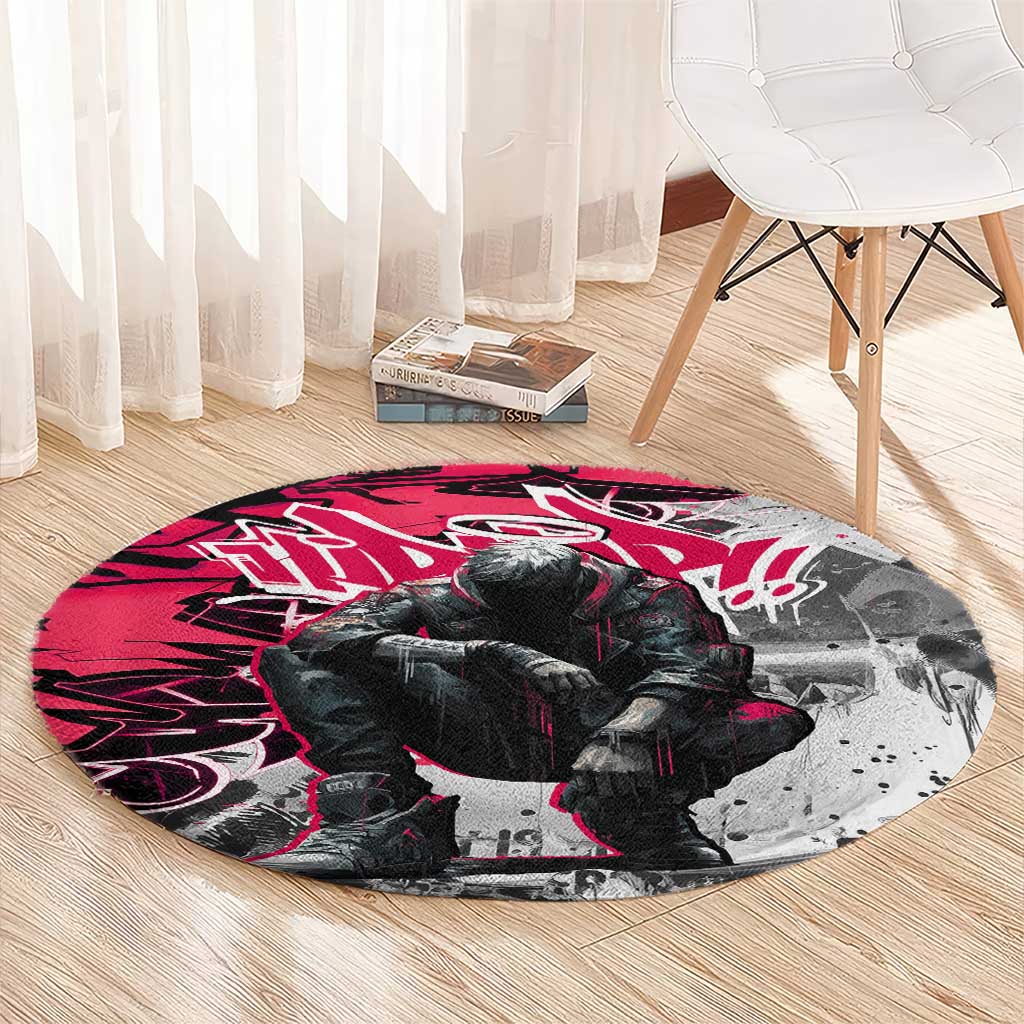 Hip Hop Graffiti Design Round Carpet Sitting Hooded Figure and Red Black Street Art Elements - Wonder Print Shop