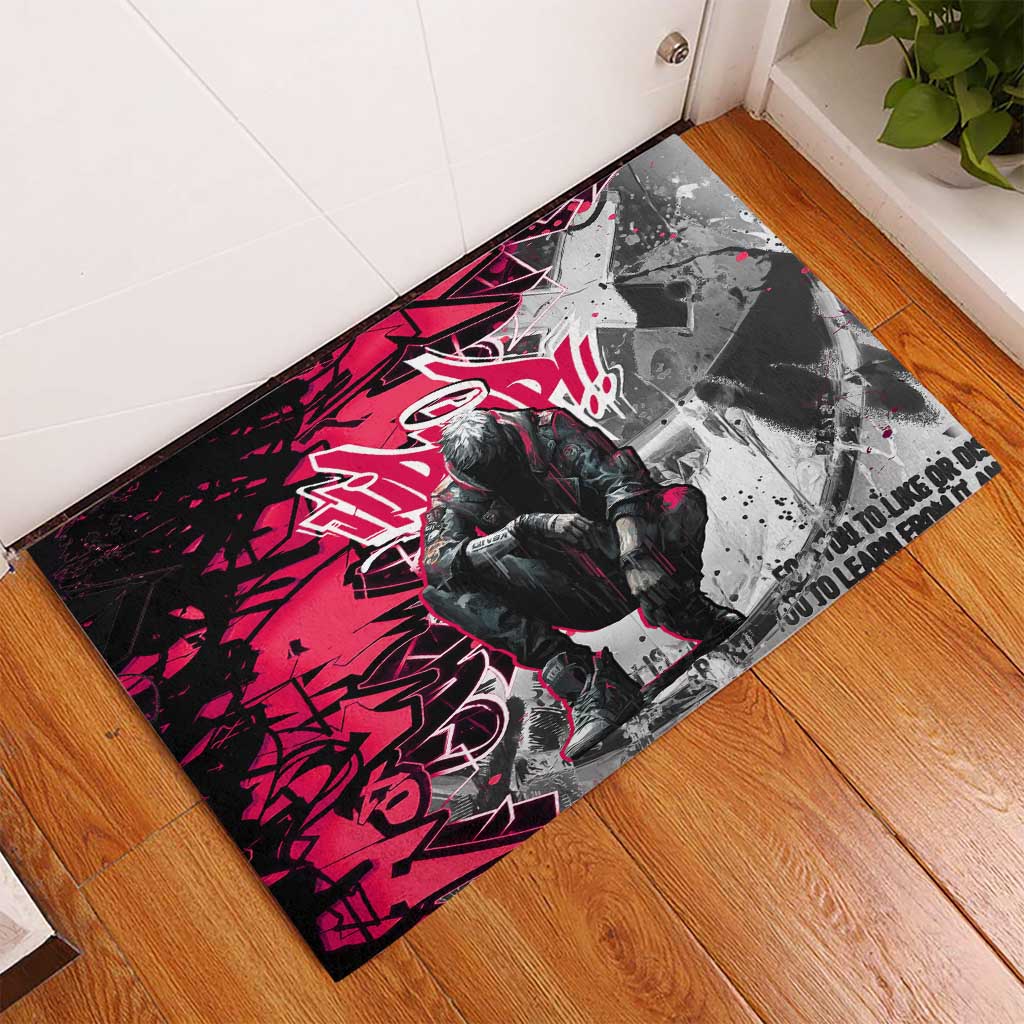 Hip Hop Graffiti Design Rubber Doormat Sitting Hooded Figure and Red Black Street Art Elements - Wonder Print Shop
