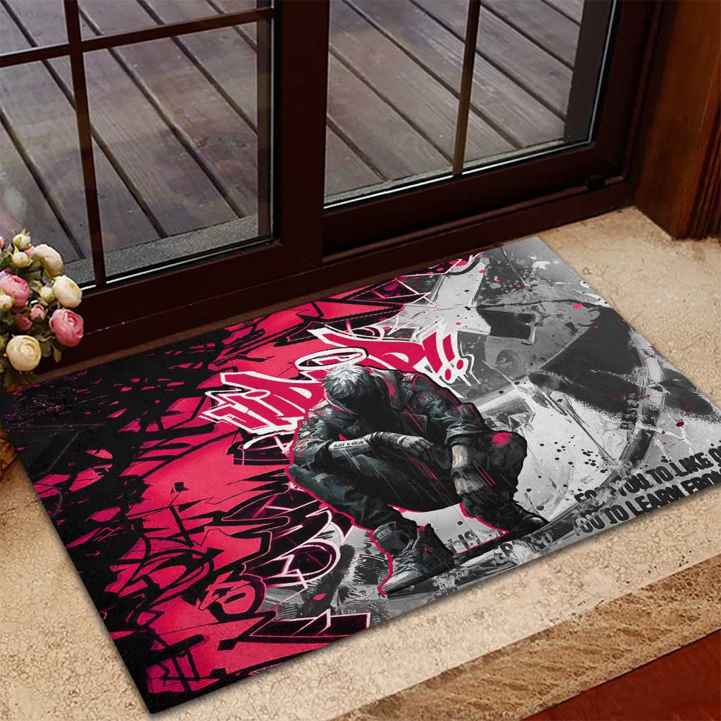 Hip Hop Graffiti Design Rubber Doormat Sitting Hooded Figure and Red Black Street Art Elements - Wonder Print Shop