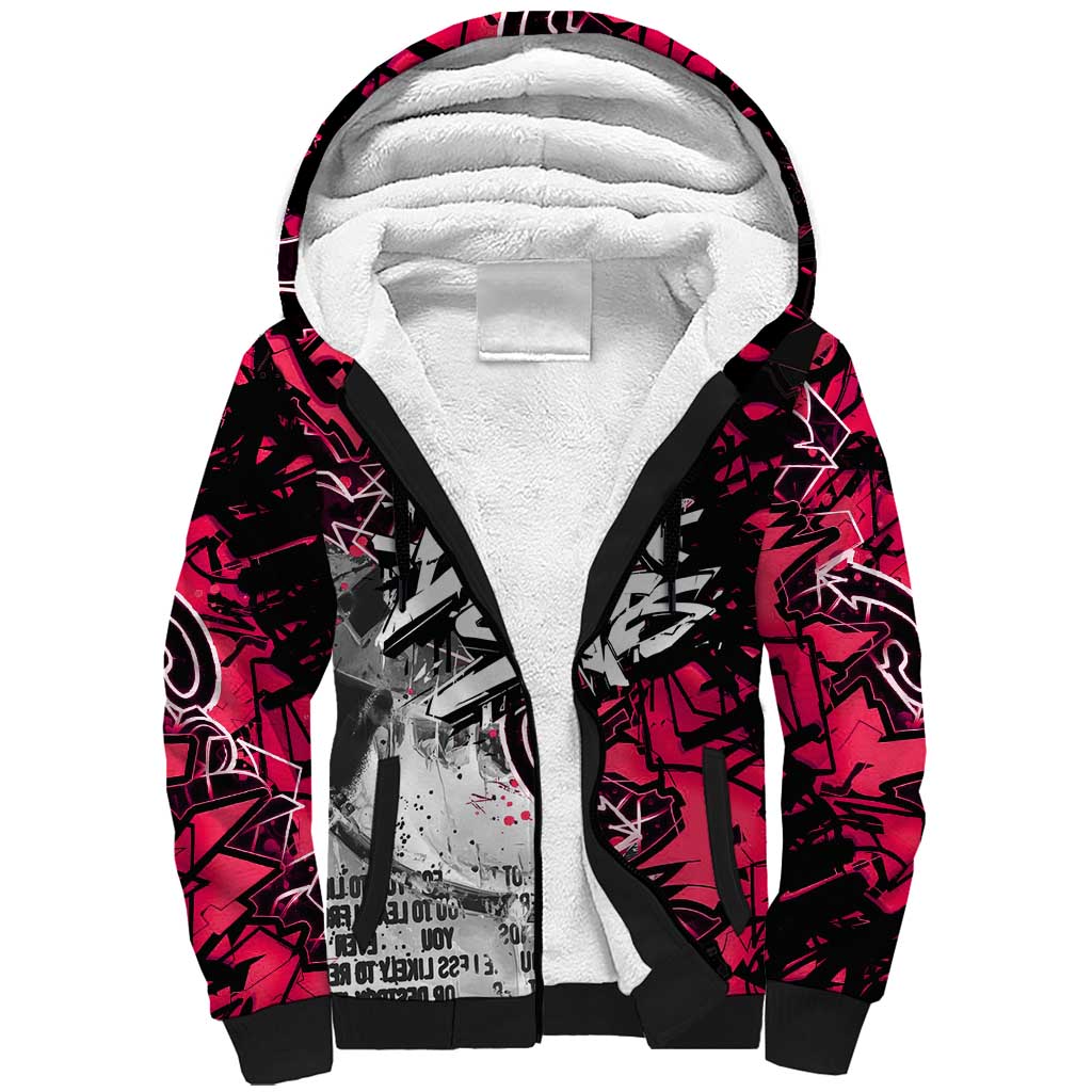 Hip Hop Graffiti Design Sherpa Hoodie Sitting Hooded Figure and Red Black Street Art Elements - Wonder Print Shop