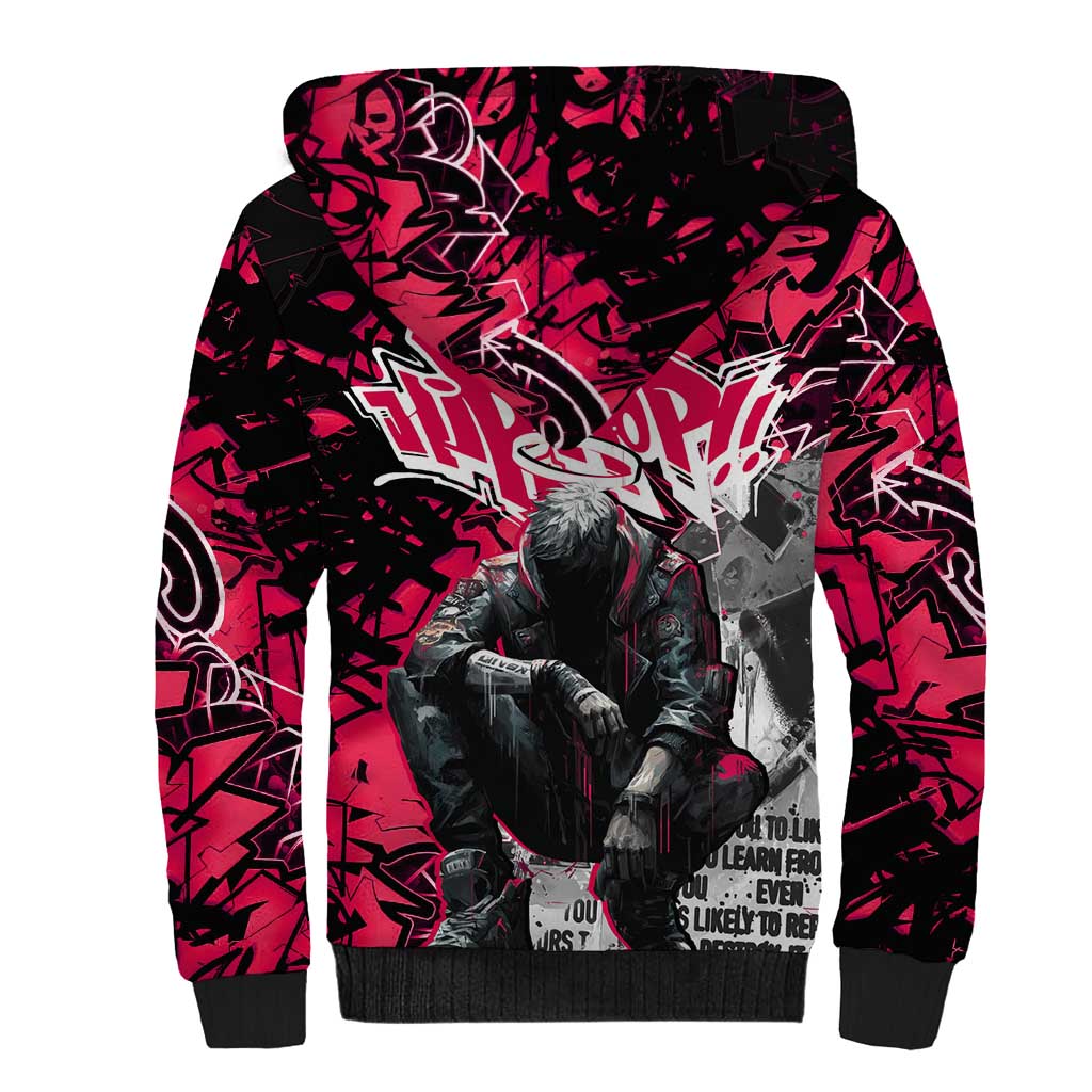 Hip Hop Graffiti Design Sherpa Hoodie Sitting Hooded Figure and Red Black Street Art Elements - Wonder Print Shop