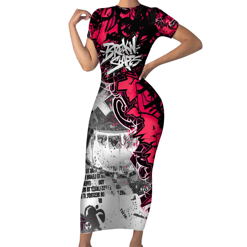 Hip Hop Graffiti Design Short Sleeve Bodycon Dress Sitting Hooded Figure and Red Black Street Art Elements - Wonder Print Shop