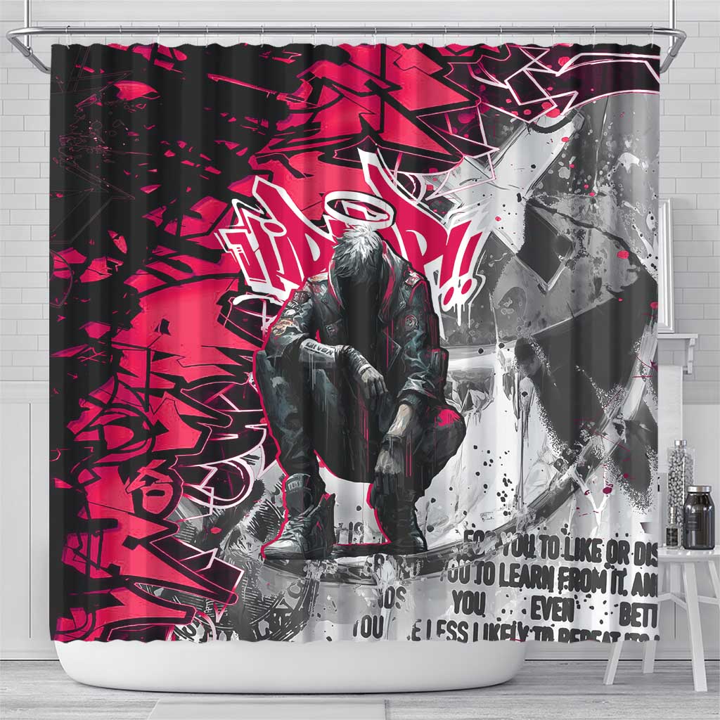 Hip Hop Graffiti Design Shower Curtain Sitting Hooded Figure and Red Black Street Art Elements - Wonder Print Shop