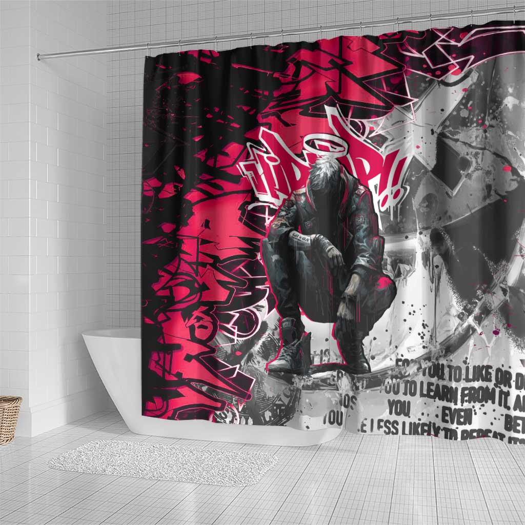 Hip Hop Graffiti Design Shower Curtain Sitting Hooded Figure and Red Black Street Art Elements - Wonder Print Shop