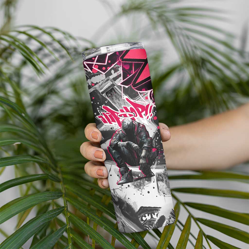 Hip Hop Graffiti Design Skinny Tumbler Sitting Hooded Figure and Red Black Street Art Elements - Wonder Print Shop