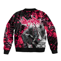 Hip Hop Graffiti Design Sleeve Zip Bomber Jacket Sitting Hooded Figure and Red Black Street Art Elements - Wonder Print Shop