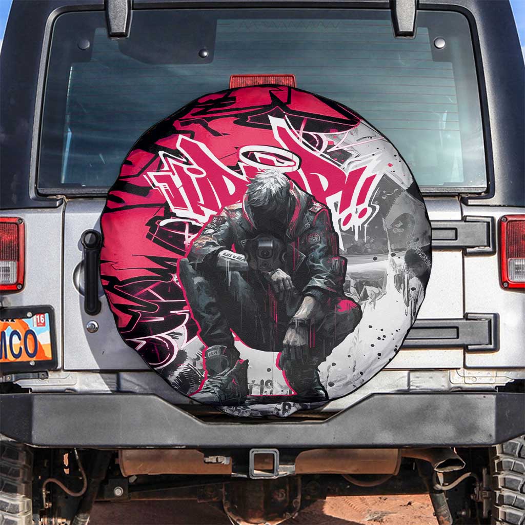 Hip Hop Graffiti Design Spare Tire Cover Sitting Hooded Figure and Red Black Street Art Elements - Wonder Print Shop