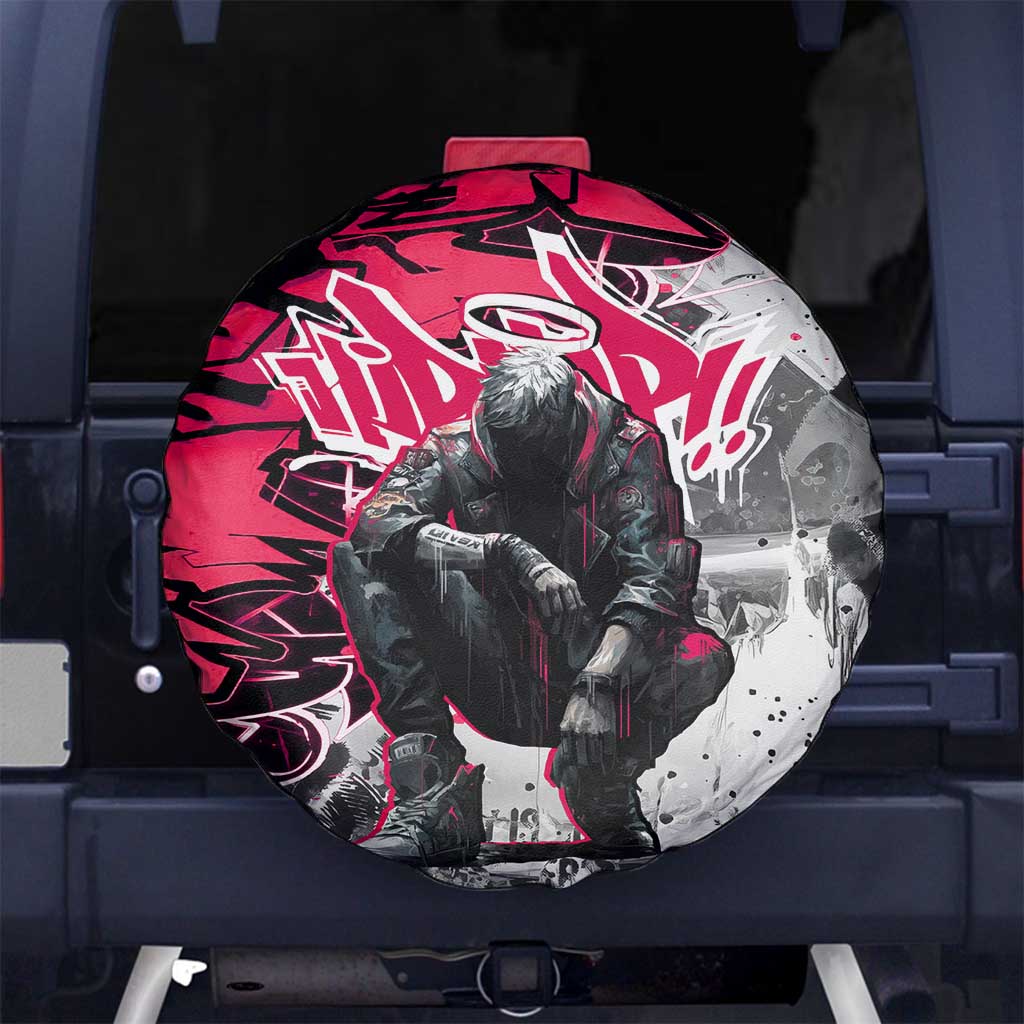 Hip Hop Graffiti Design Spare Tire Cover Sitting Hooded Figure and Red Black Street Art Elements - Wonder Print Shop