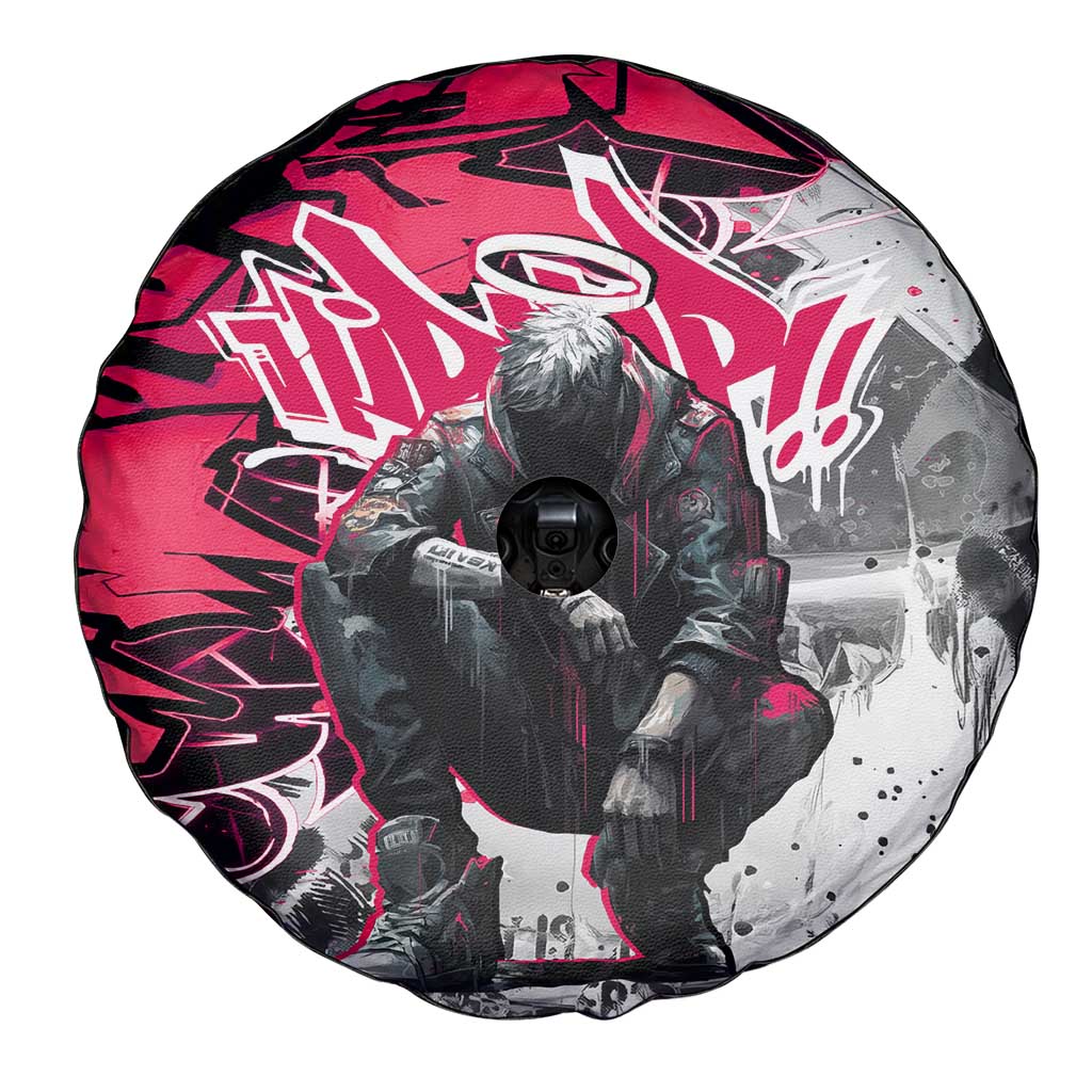 Hip Hop Graffiti Design Spare Tire Cover Sitting Hooded Figure and Red Black Street Art Elements - Wonder Print Shop